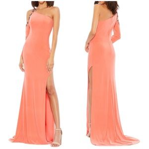 Mac Duggal NWOT 77826M Beaded Coral One Sleeve Long Maxi Dress High Slit Size 10